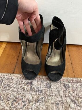 Pelle Moda Black Suede Peep-Toe Wavy Ankle Strap Heels